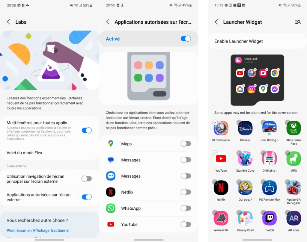 Pour activer les applications sur l'écran externe, il faut bidouiller. Il y a les applications officielles à gauche, et celles que l'on peut ajouter en installant un logiciel soi même à droite. Pour activer les applications sur l'écran externe, il faut bidouiller. Il y a les applications officielles à gauche, et celles que l'on peut ajouter en installant un logiciel soi même à droite.
