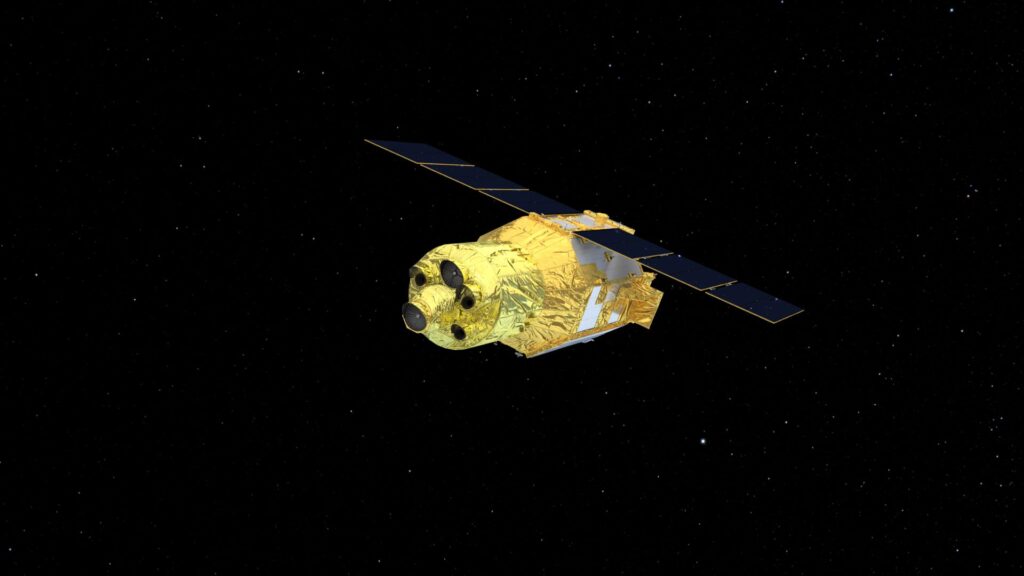 Vue d'artiste du télescope XRISM. // Source : NASA's Goddard Space Flight Center Conceptual Image Lab Vue d'artiste du télescope XRISM. // Source : NASA's Goddard Space Flight Center Conceptual Image Lab