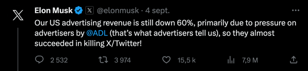 Nos revenus publicitaires aux États-Unis est toujours en baisse de 60 %, principalement en raison de la pression exercée sur les annonceurs par l'ADL (c'est ce que nous disent les annonceurs), qui a presque réussi à tuer X/Twitter ! » // Source : Capture d'écran Numerama Nos revenus publicitaires aux États-Unis est toujours en baisse de 60 %, principalement en raison de la pression exercée sur les annonceurs par l'ADL (c'est ce que nous disent les annonceurs), qui a presque réussi à tuer X/Twitter ! » // Source : Capture d'écran Numerama