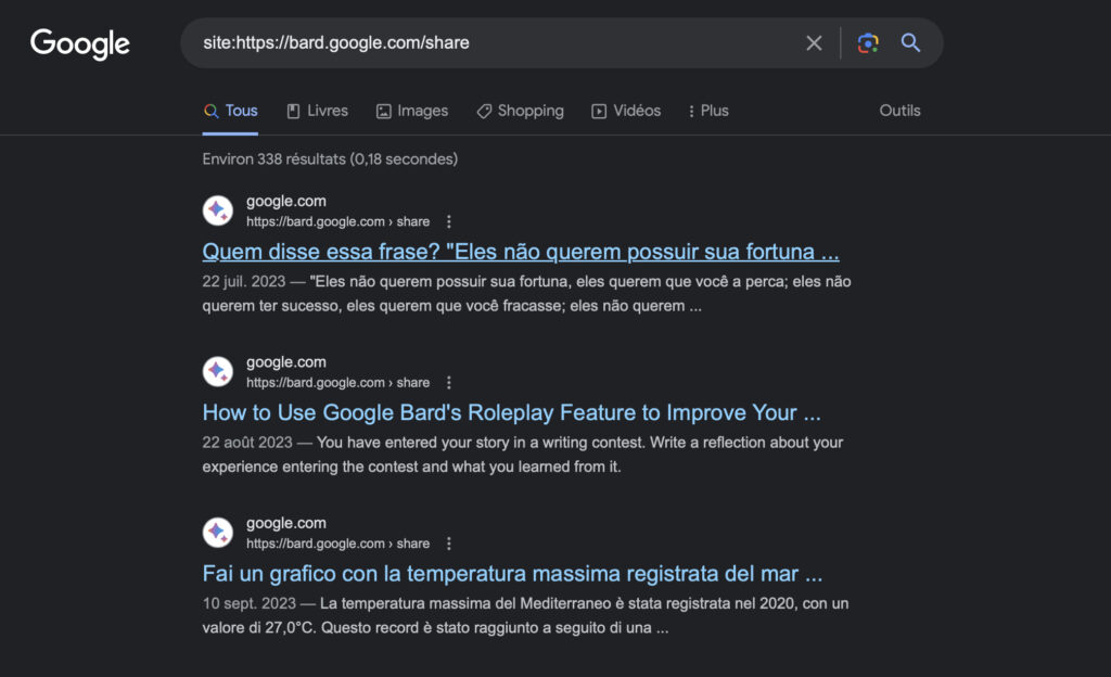 En recherchant l'URL de partage de Bard dans Google, on tombe sur plein de conversations. En recherchant l'URL de partage de Bard dans Google, on tombe sur plein de conversations.