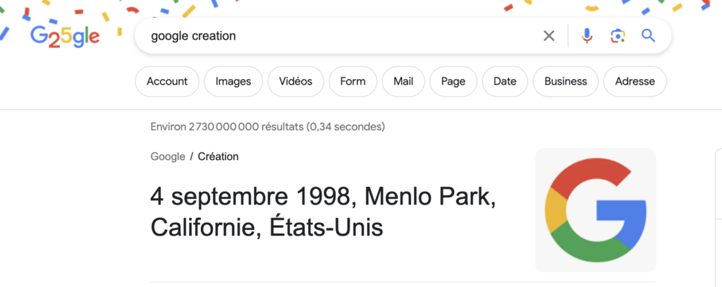 Ironiquement, quand on recherche « Google création » dans Google, le moteur de recherche parle du 4 septembre. Ironiquement, quand on recherche « Google création » dans Google, le moteur de recherche parle du 4 septembre.