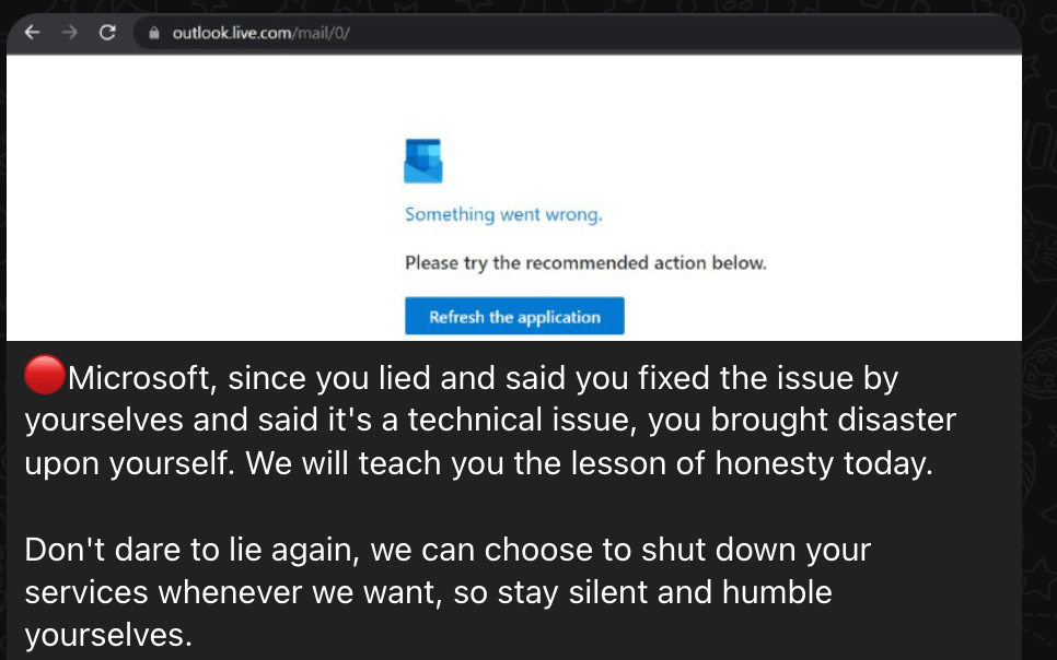 La revendication de l'attaque contre Microsoft. // Source : Numerama La revendication de l'attaque contre Microsoft. // Source : Numerama