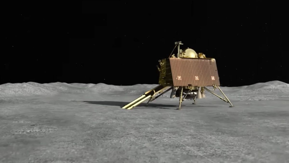 Vue d'artiste de Vikram sur la Lune. // Source : Capture YouTube ISRO Official Vue d'artiste de Vikram sur la Lune. // Source : Capture YouTube ISRO Official