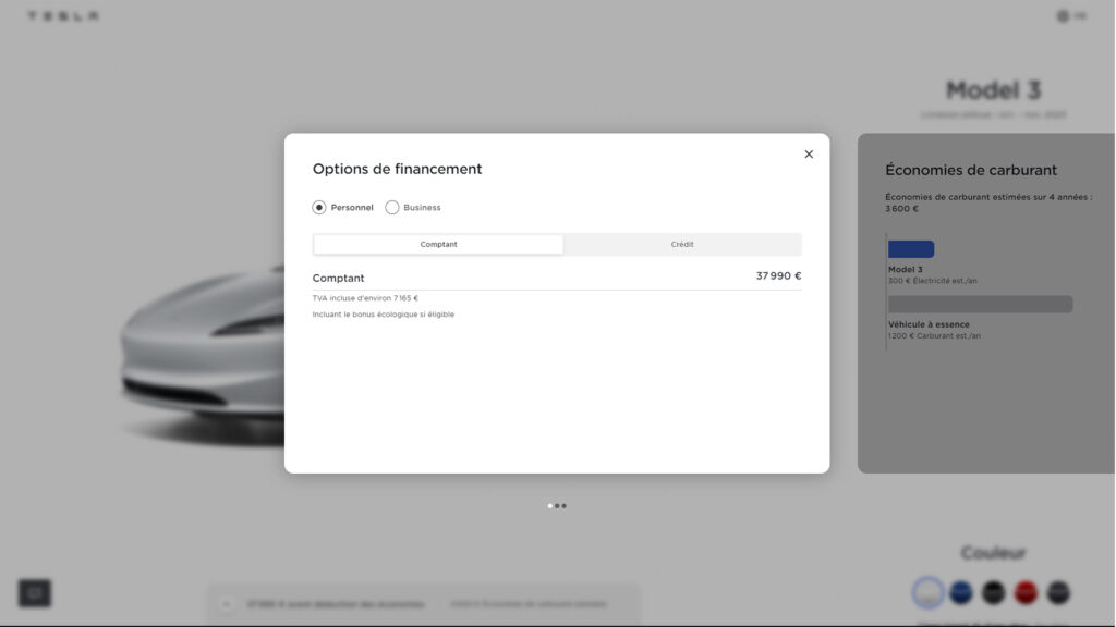 Pas de LOA/LLD sur le configurateur Tesla // Source : Capture site Tesla Pas de LOA/LLD sur le configurateur Tesla // Source : Capture site Tesla