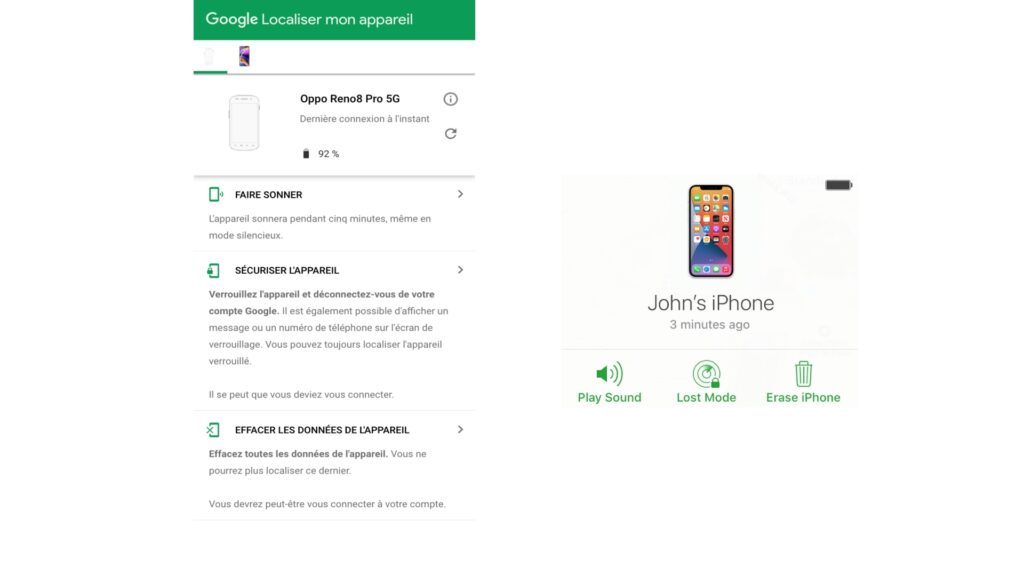 Android comme iOS permettent de verrouiller ou d'effacer son smartphone à distance en un clic // Source : Google, Apple Android comme iOS permettent de verrouiller ou d'effacer son smartphone à distance en un clic // Source : Google, Apple