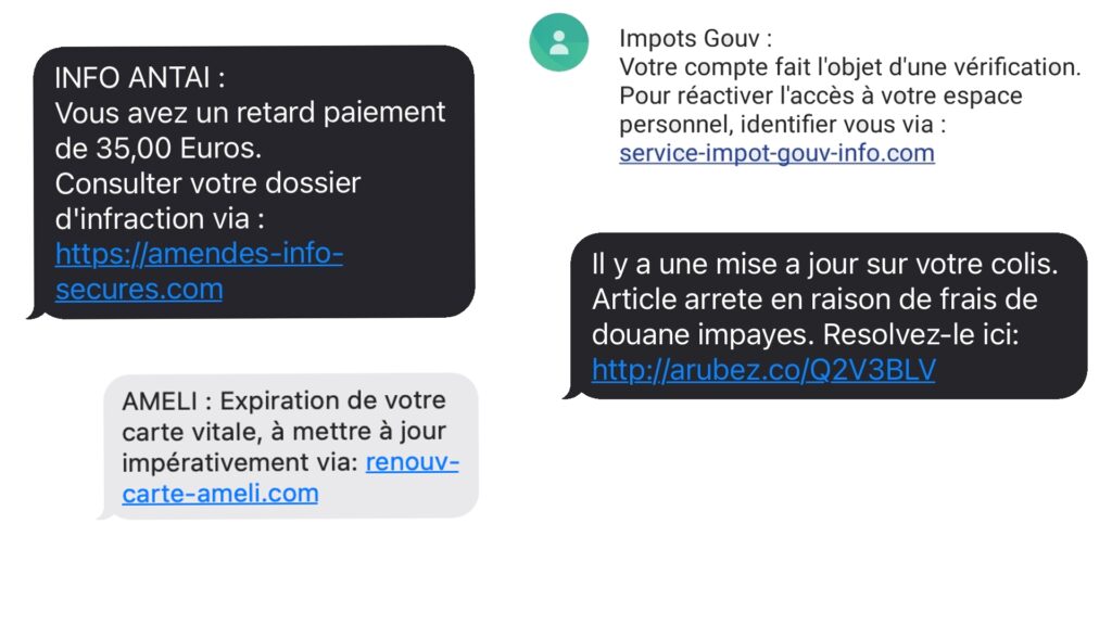 Exemples de SMS de phishing // Source : captures d'écrans Exemples de SMS de phishing // Source : captures d'écrans