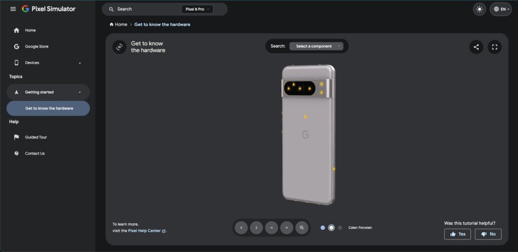 Un simulateur de Pixel 8 Pro en 3D, qui donne les détails techniques, Google l'a fait. Sur son site. Un simulateur de Pixel 8 Pro en 3D, qui donne les détails techniques, Google l'a fait. Sur son site.
