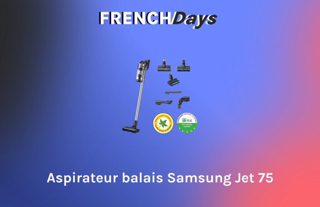 L'aspirateur balais Samsung Jet 75 et ses accessoires en promotion pour les French Days // Source : montage Numerama L'aspirateur balais Samsung Jet 75 et ses accessoires en promotion pour les French Days // Source : montage Numerama