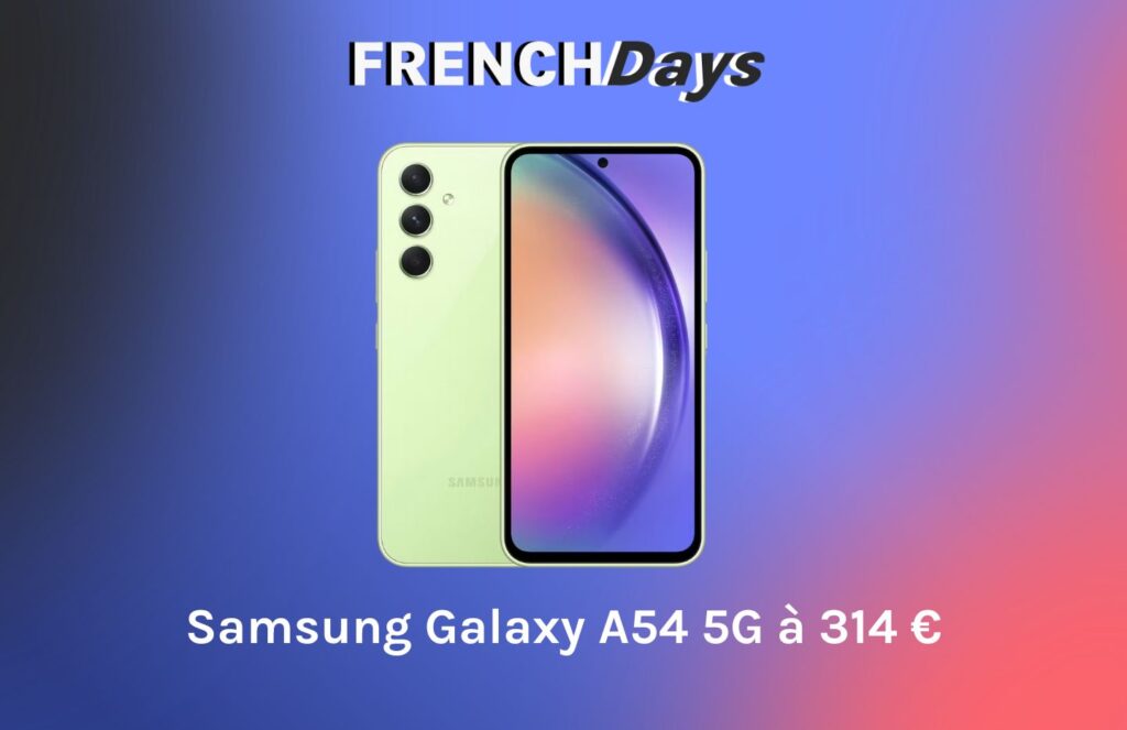 Le Samsung Galaxy A54 couleur Lime est à 314 € sur Rakuten pour les French Days // Source : montage Numerama Le Samsung Galaxy A54 couleur Lime est à 314 € sur Rakuten pour les French Days // Source : montage Numerama