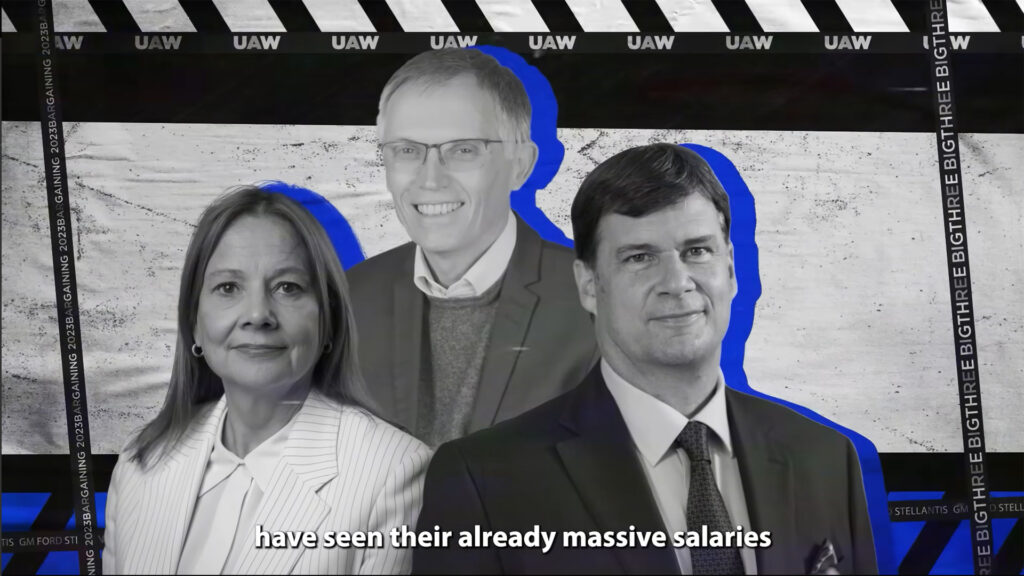 Les trois dirigeants ciblés par l'UAW // Source : Capture vidéo UAW Les trois dirigeants ciblés par l'UAW // Source : Capture vidéo UAW
