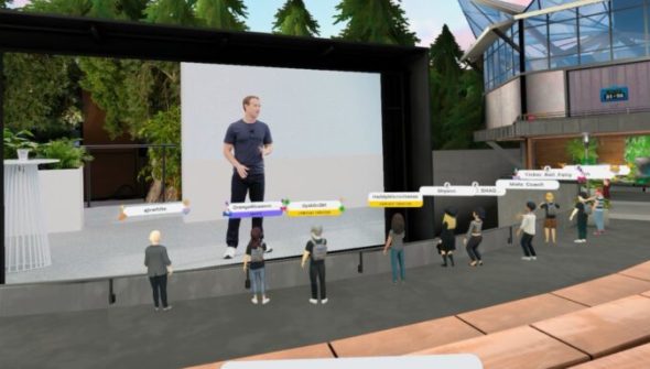 LA conférence Meta COnnect de MArk Zuckerberg dans le métavers Horizon Worlds. // Source : Numerama LA conférence Meta COnnect de MArk Zuckerberg dans le métavers Horizon Worlds. // Source : Numerama