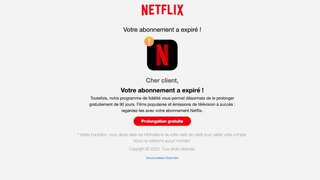 Voici une autre page frauduleuse copiant Netflix. Non seulement elle est simpliste, mais en plus l'URL débutait par multiportslip.com // Source : capture d'écran Voici une autre page frauduleuse copiant Netflix. Non seulement elle est simpliste, mais en plus l'URL débutait par multiportslip.com // Source : capture d'écran