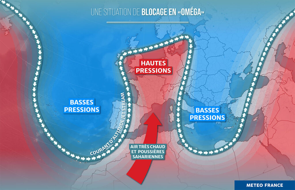Le blocage oméga s'appelle ainsi car il ressemble visuellement à la lettre grecque. // Source : Météo-France Le blocage oméga s'appelle ainsi car il ressemble visuellement à la lettre grecque. // Source : Météo-France