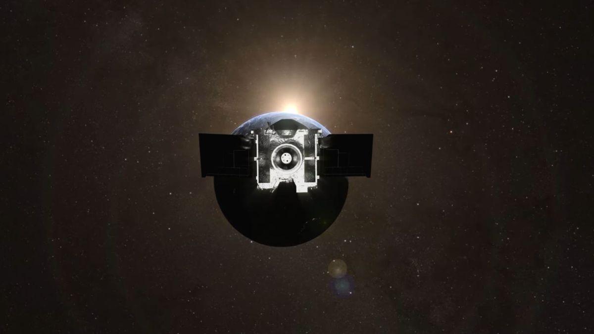 Vue d'artiste d'OSIRIS-REx dans l'espace. // Source : Capture d'écran YouTube Nasa Video Vue d'artiste d'OSIRIS-REx dans l'espace. // Source : Capture d'écran YouTube Nasa Video