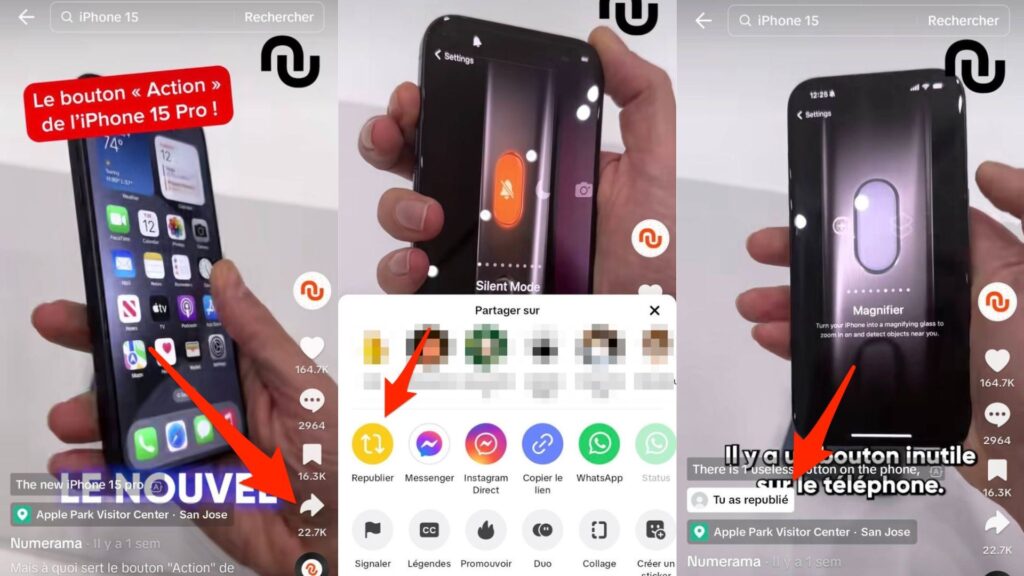 Les étapes à suivre pour republier une vidéo sur TikTok // Source : Capture d'écran et montage Numerama Les étapes à suivre pour republier une vidéo sur TikTok // Source : Capture d'écran et montage Numerama