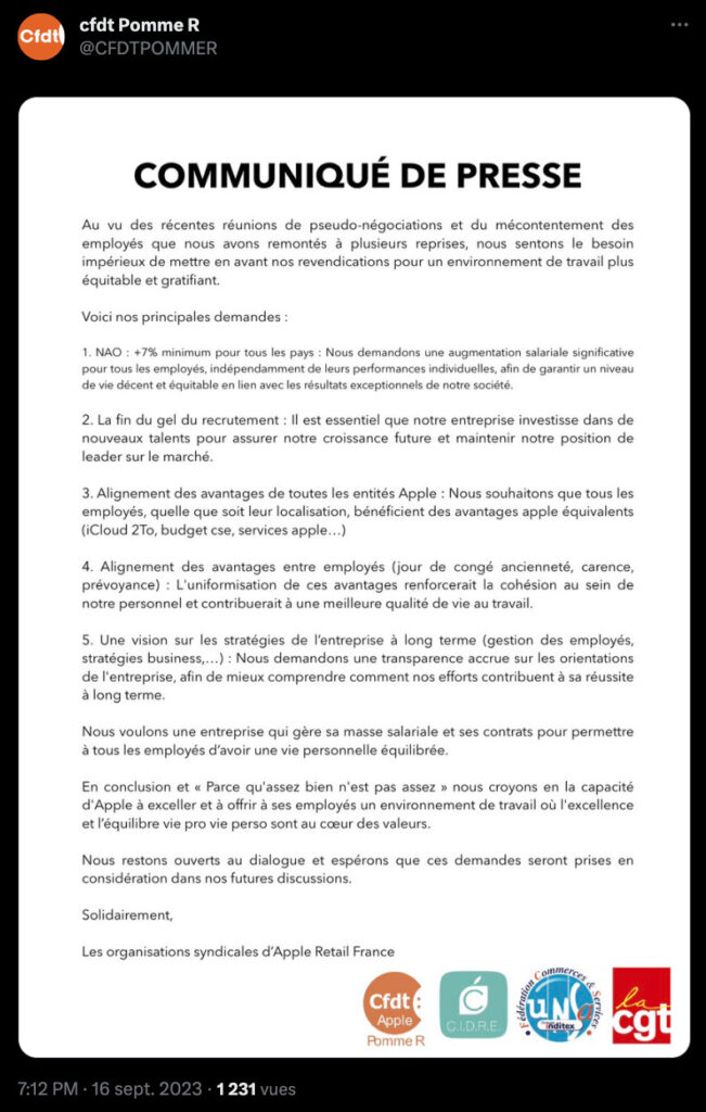 Les revendications de la CFDT Apple // Source : X / Capture d'écran Numerama Les revendications de la CFDT Apple // Source : X / Capture d'écran Numerama