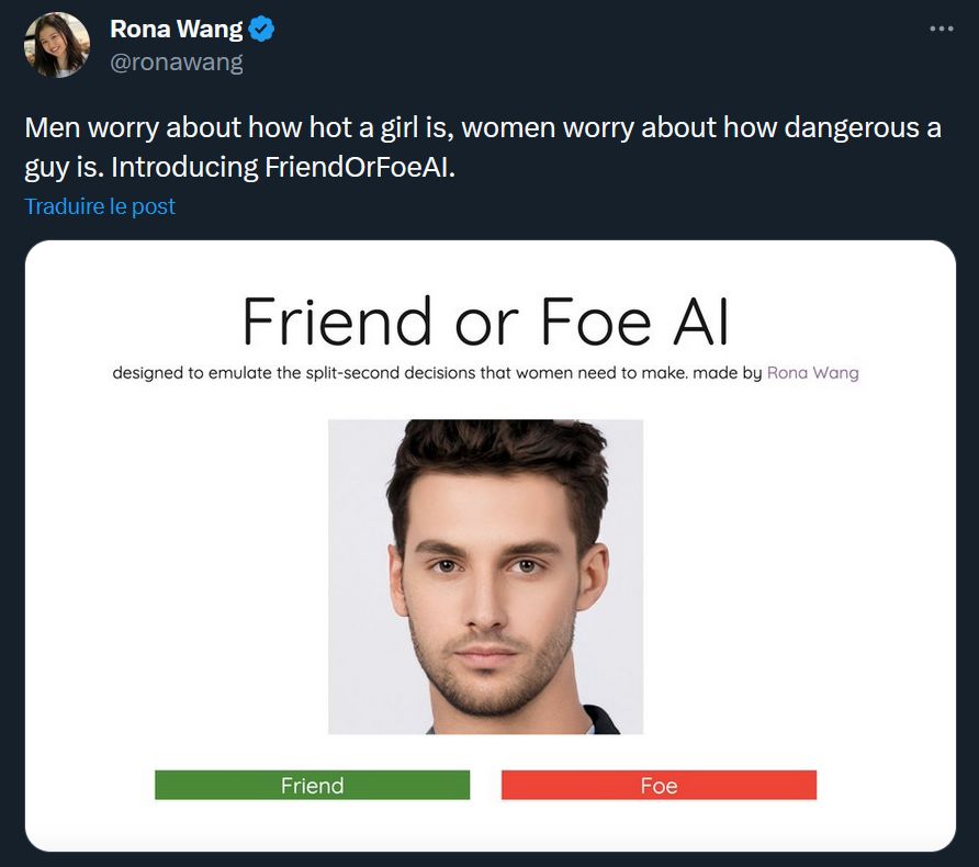 Beaucoup de personnes se sont moquées de SmashOrPassAI, comme la développeuse Rona Wang, qui a proposé sa version féministe du concept : un site qui montre des images de faux hommes, dont on doit déterminer s'ils ont l'air dangereux ou non. // Source : Rona Wang Beaucoup de personnes se sont moquées de SmashOrPassAI, comme la développeuse Rona Wang, qui a proposé sa version féministe du concept : un site qui montre des images de faux hommes, dont on doit déterminer s'ils ont l'air dangereux ou non. // Source : Rona Wang