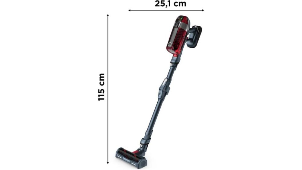Les dimensions de l'aspirateur balai Rowenta X-Force Flex 11.60 sont de 115 cm de hauteur pour 25 cm de large Les dimensions de l'aspirateur balai Rowenta X-Force Flex 11.60 sont de 115 cm de hauteur pour 25 cm de large