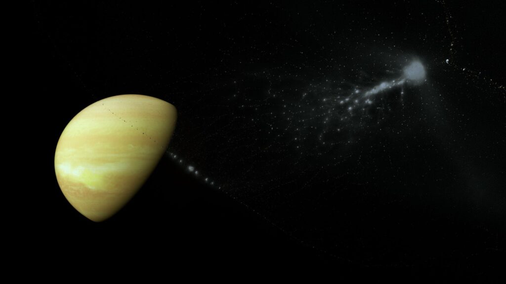 Collision formant les anneaux de Saturne, simulation des chercheurs. // Source : DiRAC Collision formant les anneaux de Saturne, simulation des chercheurs. // Source : DiRAC