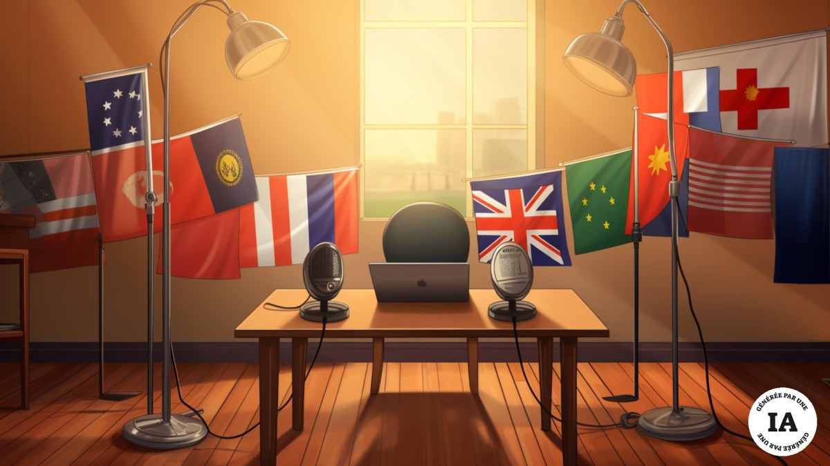 Un studio de podcasts // Source : Numerama avec Midjourney Un studio de podcasts // Source : Numerama avec Midjourney