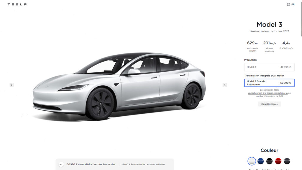 Configurateur Tesla Model 3 // Source : Capture du site Tesla Configurateur Tesla Model 3 // Source : Capture du site Tesla