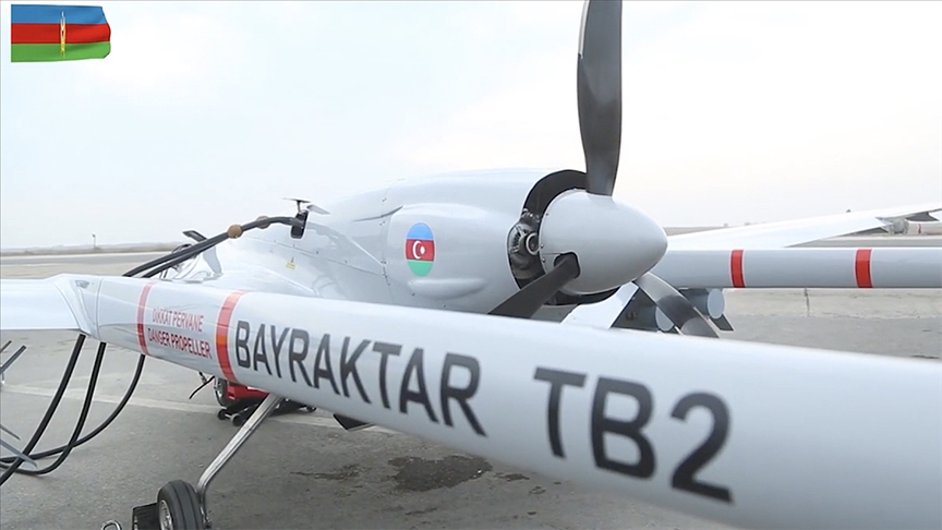 Un Bayraktar TB2 de l'armée azérie. // Source : Ministère de la défense de l'Azerbaijan. Un Bayraktar TB2 de l'armée azérie. // Source : Ministère de la défense de l'Azerbaijan.