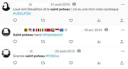 Posts antérieurs à 2019 où le « saint poteau » désigne un poteau de football // Source : Capture d'écran Numerama le 30/08/23 Posts antérieurs à 2019 où le « saint poteau » désigne un poteau de football // Source : Capture d'écran Numerama le 30/08/23