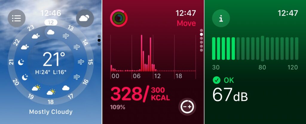 Météo, Activité et Bruit sur watchOS 10. C'est très coloré. Météo, Activité et Bruit sur watchOS 10. C'est très coloré.