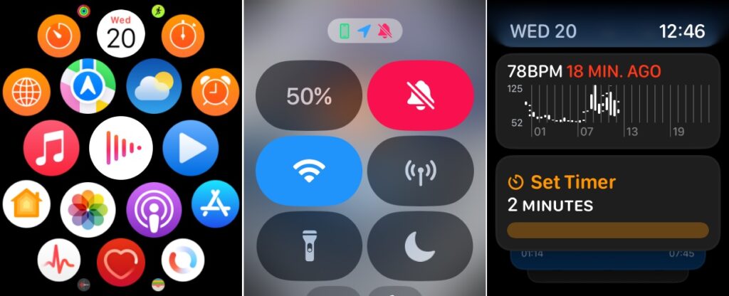 Les icônes ne sont plus libres, ils s'affichent sous la forme d'une liste sous watchOS 10. À droite, on voit les widgets. Les icônes ne sont plus libres, ils s'affichent sous la forme d'une liste sous watchOS 10. À droite, on voit les widgets.