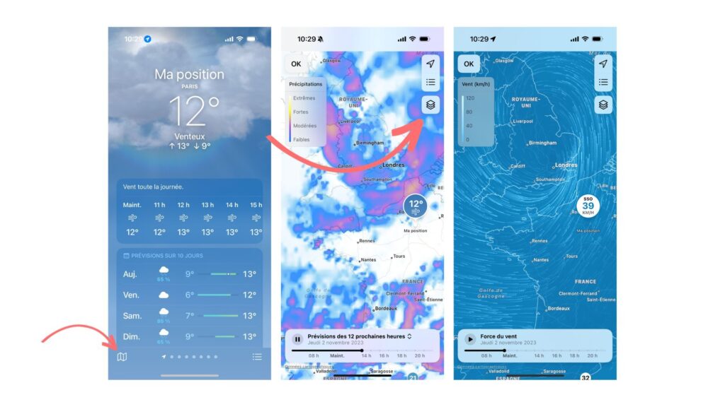 Apple application Météo Vents