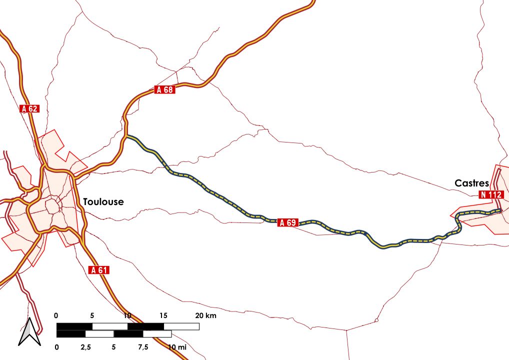 Le tracé du projet d'autoroute A69. // Source : OpenStreetMap/Ryse93/Wikimédias Le tracé du projet d'autoroute A69. // Source : OpenStreetMap/Ryse93/Wikimédias