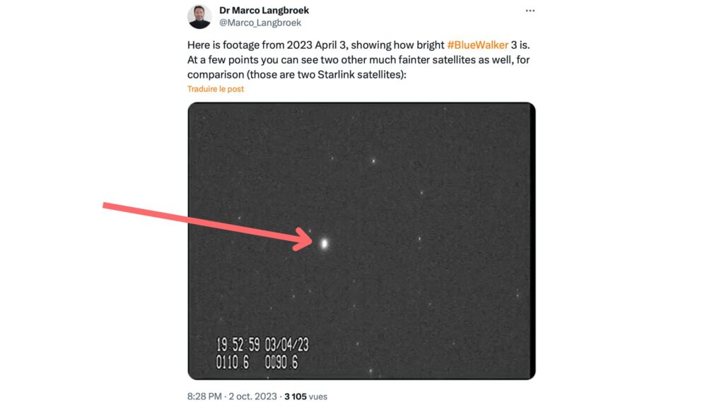BlueWalker 3 en avril 2023. // Source : Via X @Marco_Langbroek BlueWalker 3 en avril 2023. // Source : Via X @Marco_Langbroek