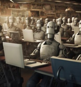 Une salle remplie de robots journalistes. // Source : Numerama avec Midjourney
