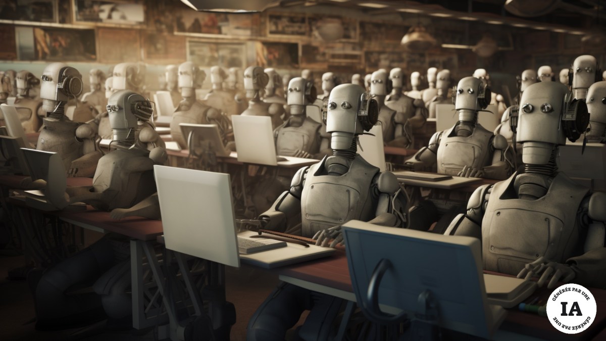 Une salle remplie de robots journalistes. // Source : Numerama avec Midjourney Une salle remplie de robots journalistes. // Source : Numerama avec Midjourney