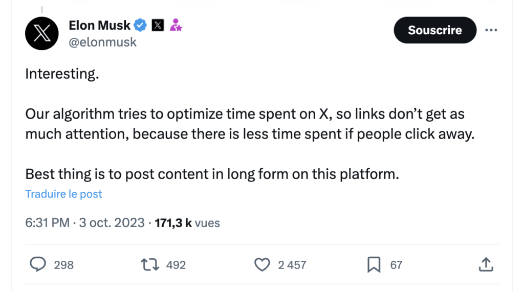 Notre algorithme essaie d'optimiser le temps passé sur X. Les liens font partir les gens de X. La meilleure option est de publier du contenu sous forme longue sur X. Notre algorithme essaie d'optimiser le temps passé sur X. Les liens font partir les gens de X. La meilleure option est de publier du contenu sous forme longue sur X.