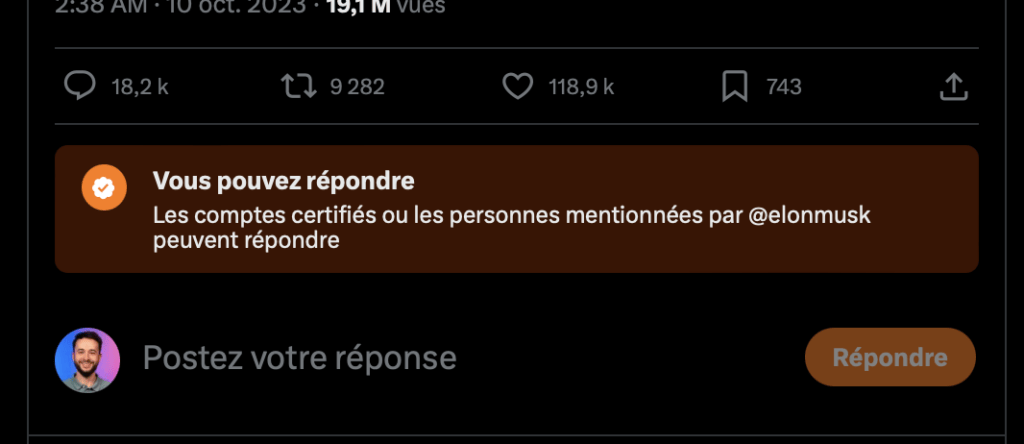 Sous ce tweet d'Elon Musk, seules les personnes qui payent peuvent répondre. Évidemment, la critique a disparu. Sous ce tweet d'Elon Musk, seules les personnes qui payent peuvent répondre. Évidemment, la critique a disparu.