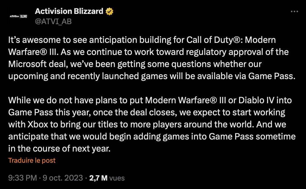 Le tweet d'Activision Blizzard. Le tweet d'Activision Blizzard.