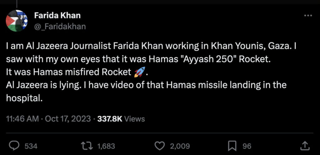 Farida Khan n'est pas journaliste à Al Jeezera. // Source : X Farida Khan n'est pas journaliste à Al Jeezera. // Source : X