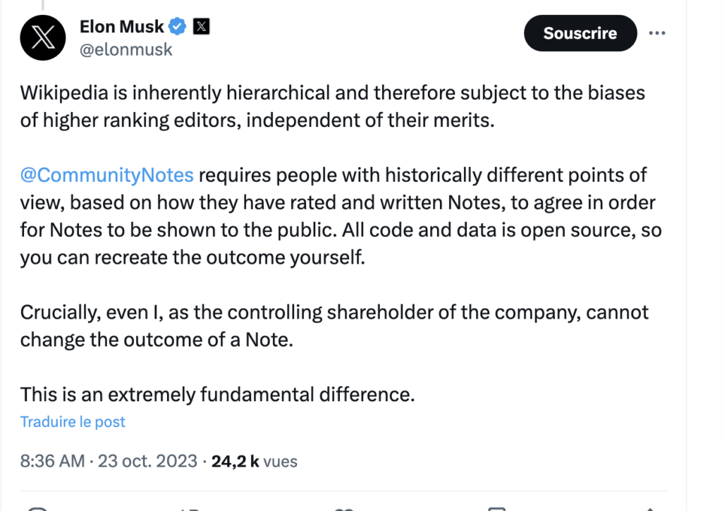 Les différences entre Wikipedia et les Community Notes selon Elon Musk. Les différences entre Wikipedia et les Community Notes selon Elon Musk.