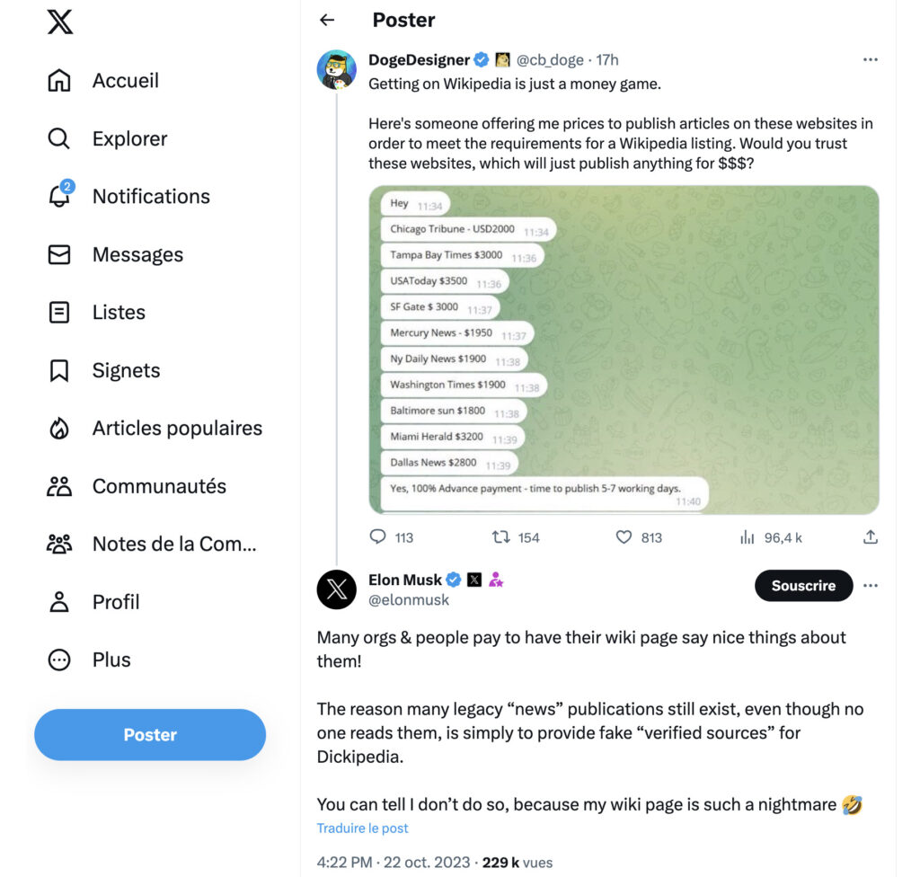 Des médias payés par Wikipedia dans une conversation Telegram ? Elon Musk croit en cette théorie. Des médias payés par Wikipedia dans une conversation Telegram ? Elon Musk croit en cette théorie.