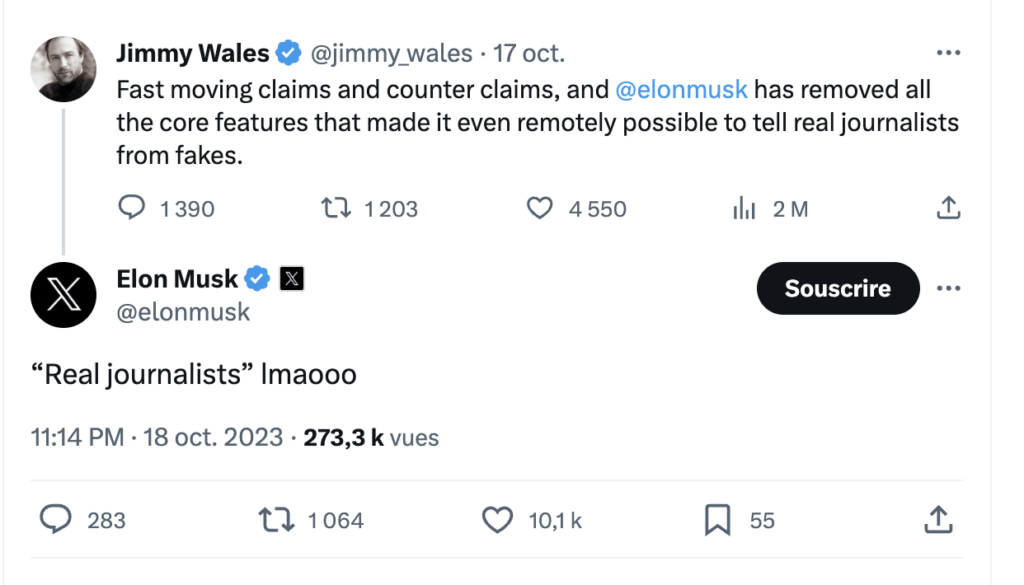 Un des échanges entre Wales et Musk. Un des échanges entre Wales et Musk.