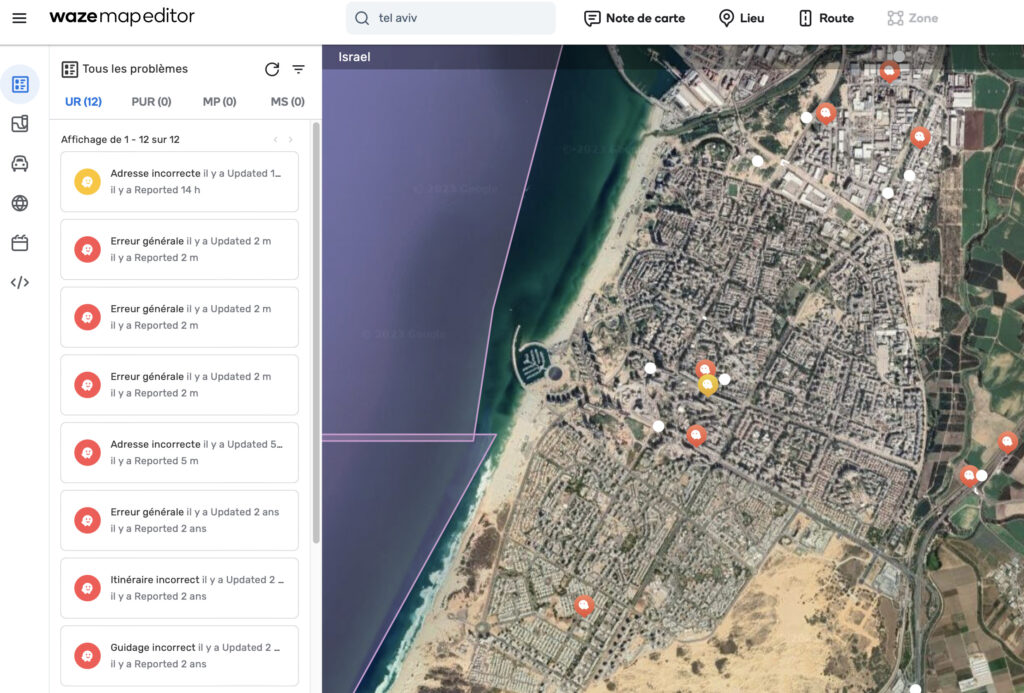 Habituellement rempli de points de données, l'éditeur de carte de Waze, ici à Tel Aviv, est très vide. // Source : Capture Numerama Habituellement rempli de points de données, l'éditeur de carte de Waze, ici à Tel Aviv, est très vide. // Source : Capture Numerama