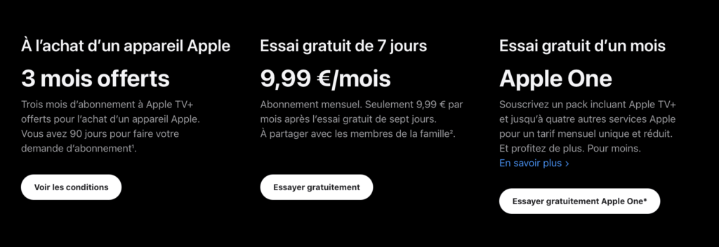 Le site d'Apple France présente les nouveaux prix d'Apple TV+. Le site d'Apple France présente les nouveaux prix d'Apple TV+.