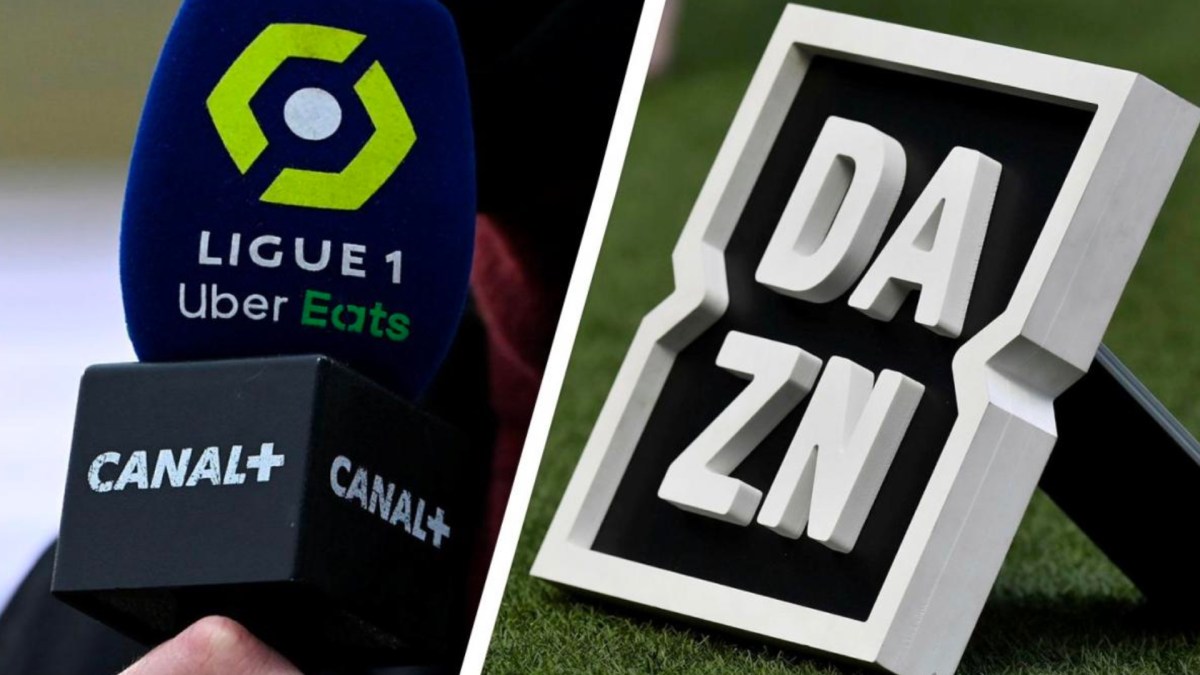 Le logo de DAZN à côté de celui de la Ligue 1 et de Canal+. // Source : DAZN Le logo de DAZN à côté de celui de la Ligue 1 et de Canal+. // Source : DAZN