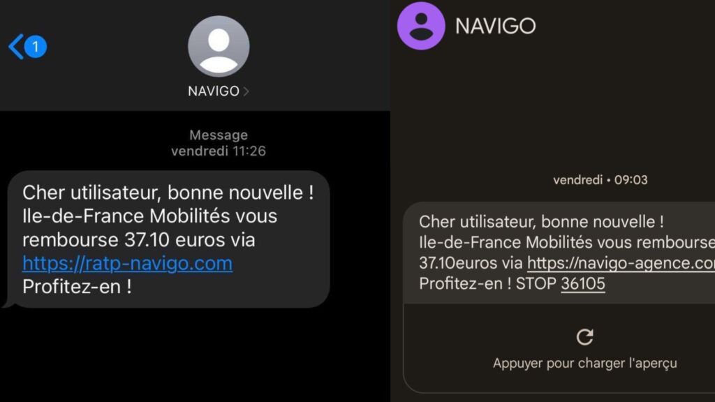 Deux SMS de phishing de cette fausse campagne NAVIGO. // Source : Numerama Deux SMS de phishing de cette fausse campagne NAVIGO. // Source : Numerama