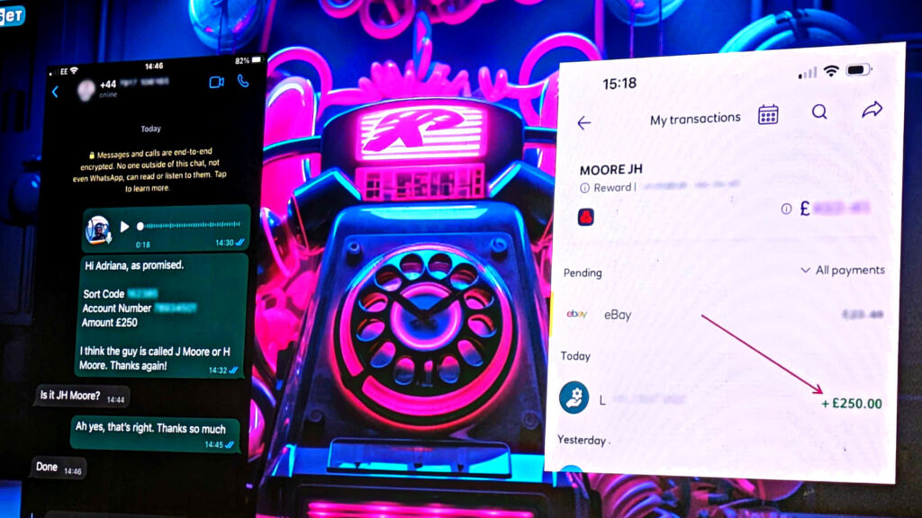 À gauche le message WhatsApp demandant 250 livres et à droite le virement. // Source : Jake Moore À gauche le message WhatsApp demandant 250 livres et à droite le virement. // Source : Jake Moore