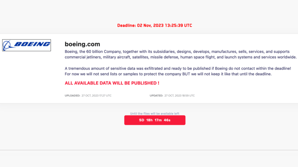 La revendication de cyberattaque contre Boeing. // Source : Numerama La revendication de cyberattaque contre Boeing. // Source : Numerama