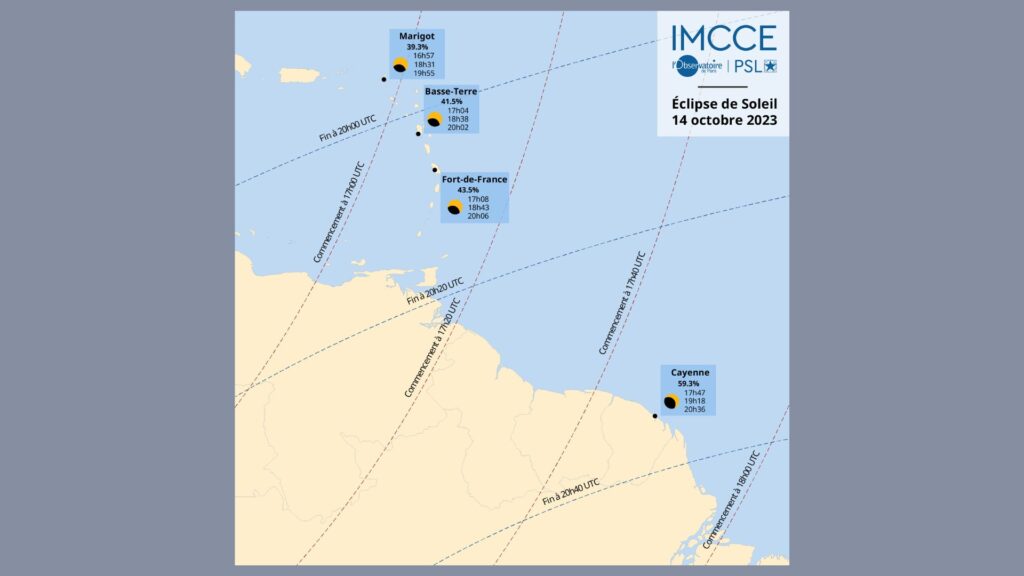Visibilité de l'éclipse depuis les Antilles et la Guyane. // Source : IMCCE Visibilité de l'éclipse depuis les Antilles et la Guyane. // Source : IMCCE