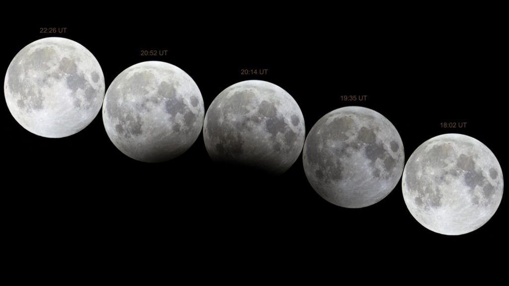 Étapes de l'éclipse lunaire du 28 octobre 2023. // Source : Flickr/CC/Giuseppe Donatiello (photo recadrée) Étapes de l'éclipse lunaire du 28 octobre 2023. // Source : Flickr/CC/Giuseppe Donatiello (photo recadrée)