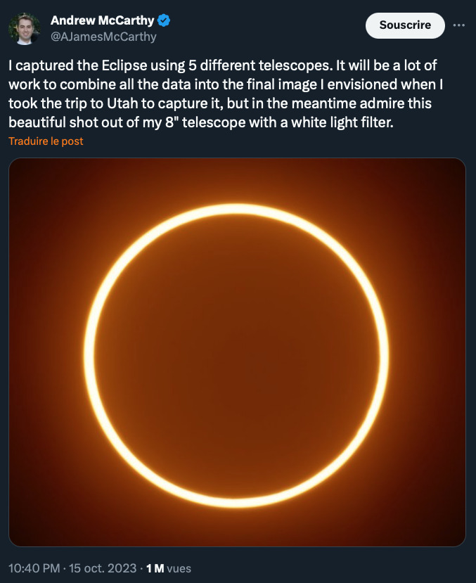 L'éclipse dans sa phase annulaire. // Source : Capture d'écran X @AJamesMcCarthy L'éclipse dans sa phase annulaire. // Source : Capture d'écran X @AJamesMcCarthy